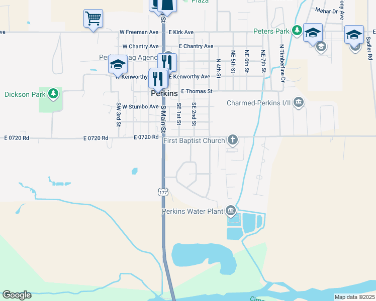 map of restaurants, bars, coffee shops, grocery stores, and more near 405 SE 2nd St in Perkins