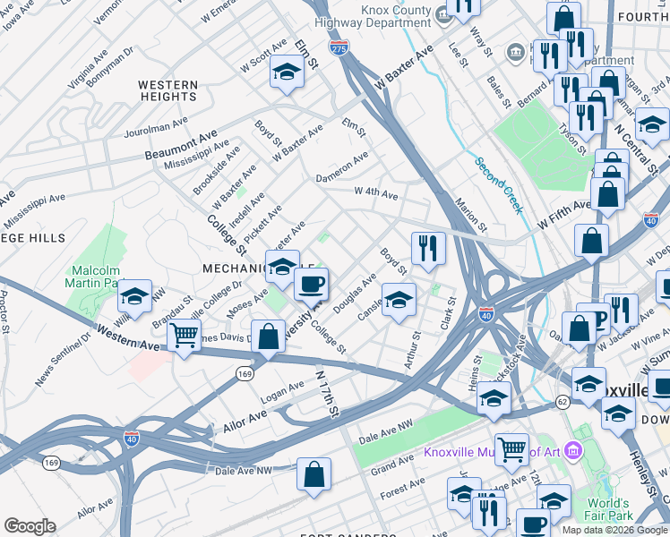 map of restaurants, bars, coffee shops, grocery stores, and more near 1617 Dora Street in Knoxville