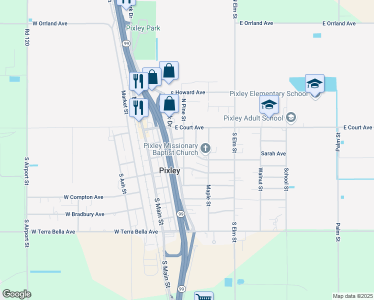 map of restaurants, bars, coffee shops, grocery stores, and more near 500 East Ellsworth Avenue in Pixley