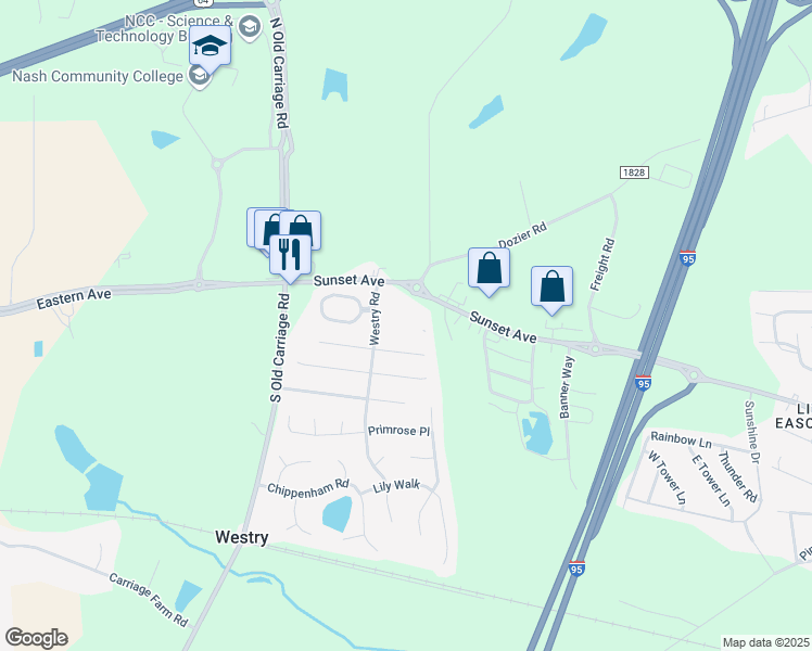 map of restaurants, bars, coffee shops, grocery stores, and more near 4601 Hackney Road in Rocky Mount