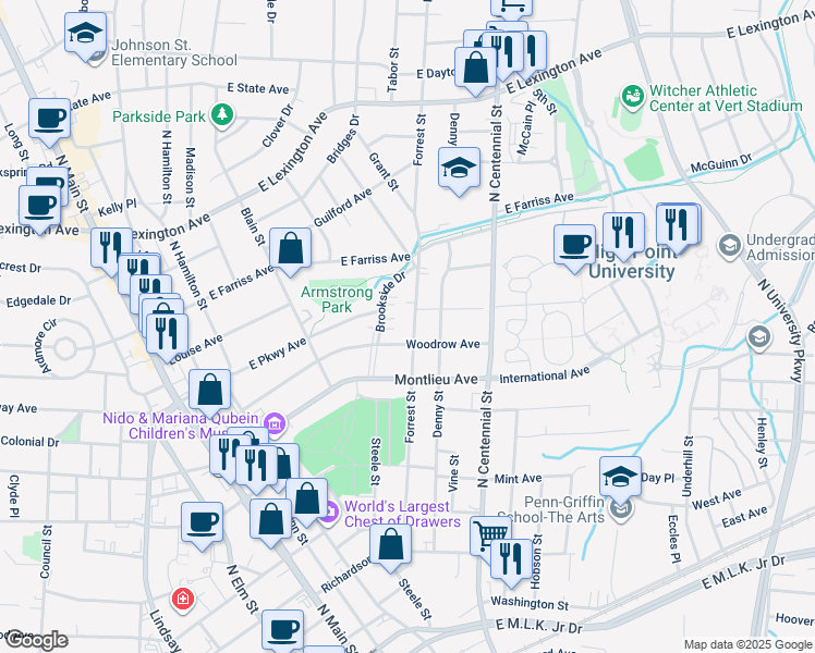 map of restaurants, bars, coffee shops, grocery stores, and more near 707 Forrest Street in High Point