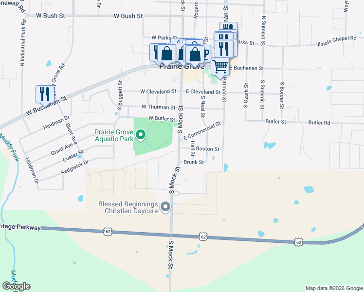 map of restaurants, bars, coffee shops, grocery stores, and more near 501 South Mock Street in Prairie Grove