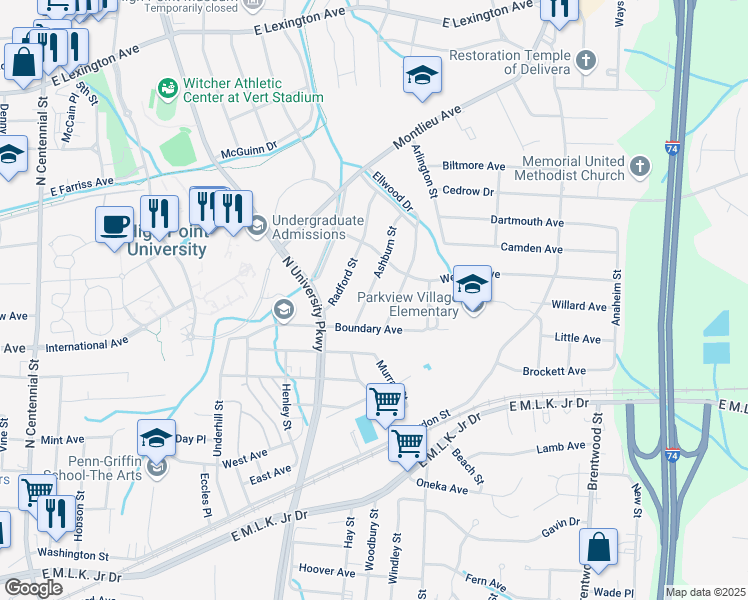 map of restaurants, bars, coffee shops, grocery stores, and more near 510 Ashburn Street in High Point