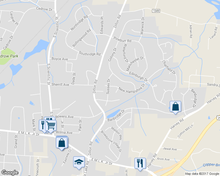 map of restaurants, bars, coffee shops, grocery stores, and more near 2922 Sussex Drive in Jamestown