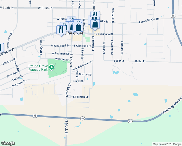 map of restaurants, bars, coffee shops, grocery stores, and more near 510 South Pittman Street in Prairie Grove
