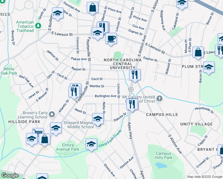 map of restaurants, bars, coffee shops, grocery stores, and more near 534 Martha Street in Durham