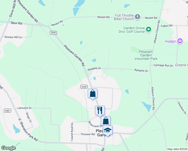 map of restaurants, bars, coffee shops, grocery stores, and more near 1210 Ryegate Drive in Pleasant Garden