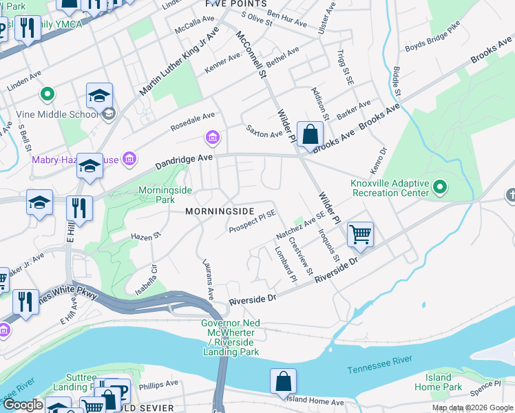 map of restaurants, bars, coffee shops, grocery stores, and more near 1937 Granville Terrace in Knoxville