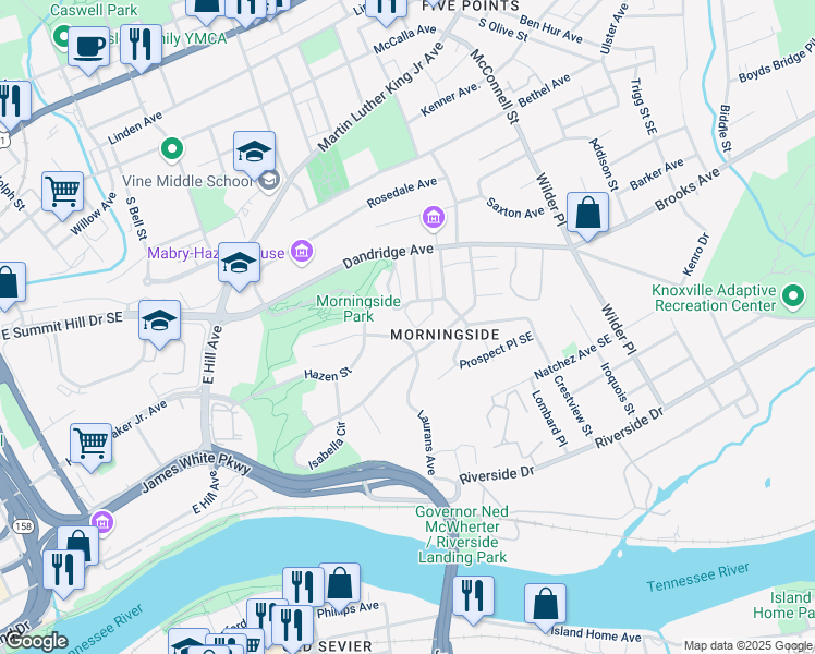 map of restaurants, bars, coffee shops, grocery stores, and more near 1825 Laurans Avenue in Knoxville