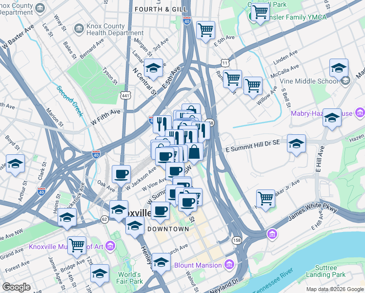 map of restaurants, bars, coffee shops, grocery stores, and more near 118 West Jackson Avenue in Knoxville
