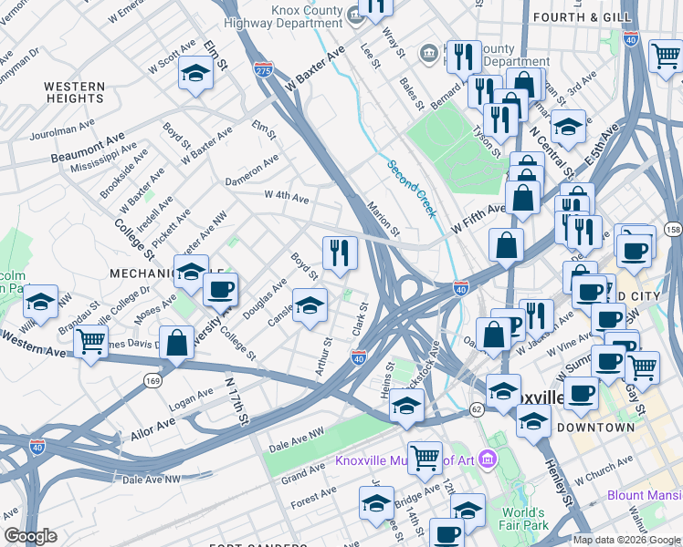 map of restaurants, bars, coffee shops, grocery stores, and more near 512 Cansler Avenue in Knoxville