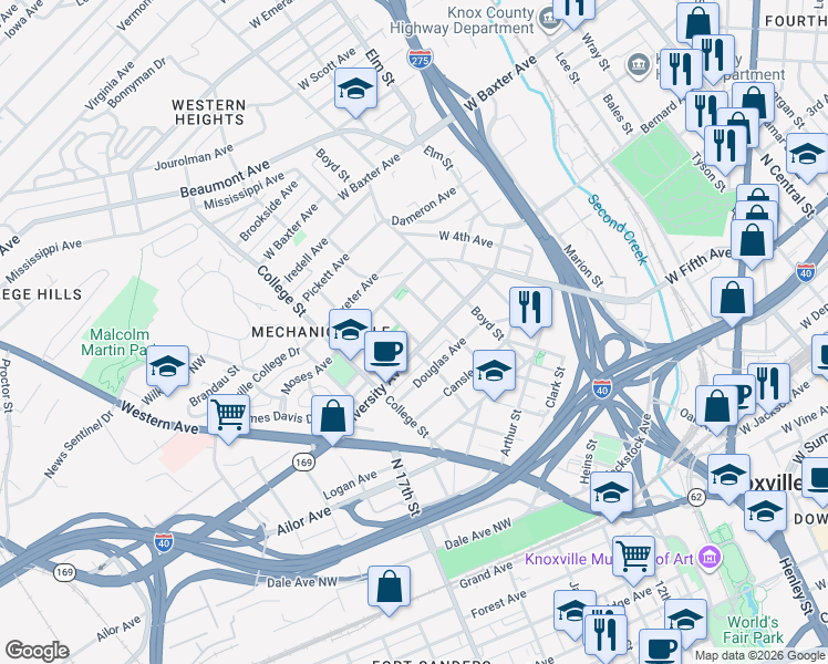 map of restaurants, bars, coffee shops, grocery stores, and more near 1617 Dora Street in Knoxville