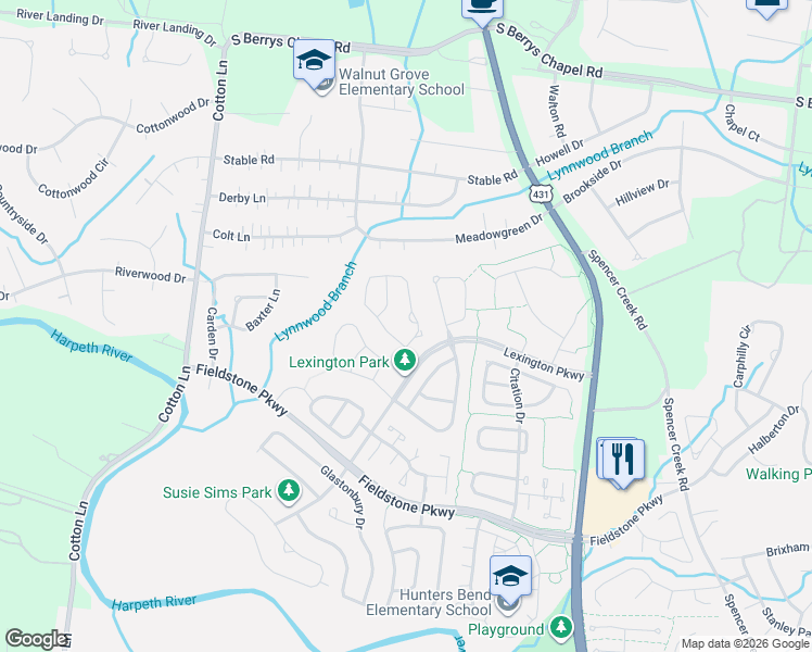 map of restaurants, bars, coffee shops, grocery stores, and more near 2110 Wimbledon Circle in Franklin
