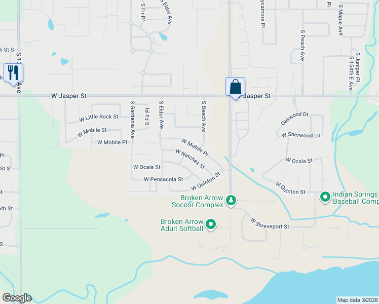 map of restaurants, bars, coffee shops, grocery stores, and more near 2408 West Natchez Street in Broken Arrow