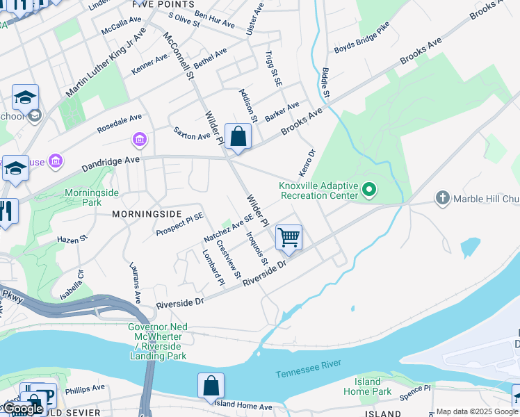 map of restaurants, bars, coffee shops, grocery stores, and more near 1532 Wilder Place in Knoxville
