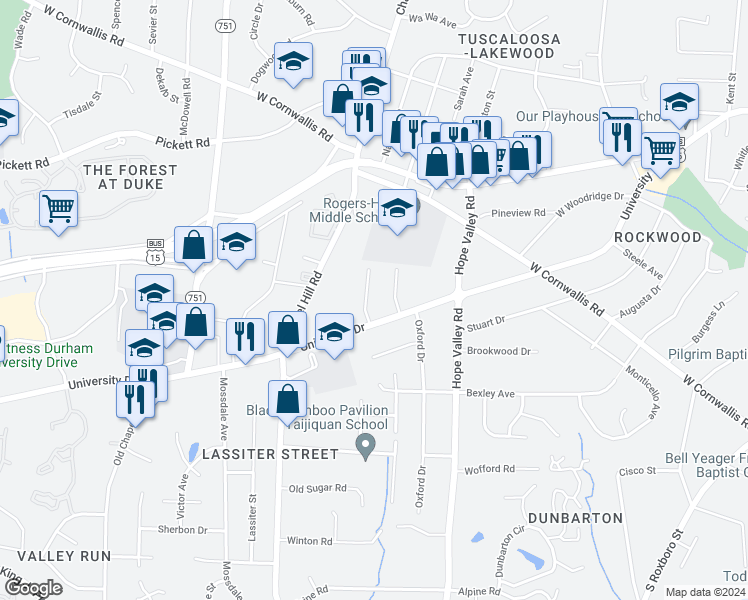 map of restaurants, bars, coffee shops, grocery stores, and more near 2913 Monroe Avenue in Durham
