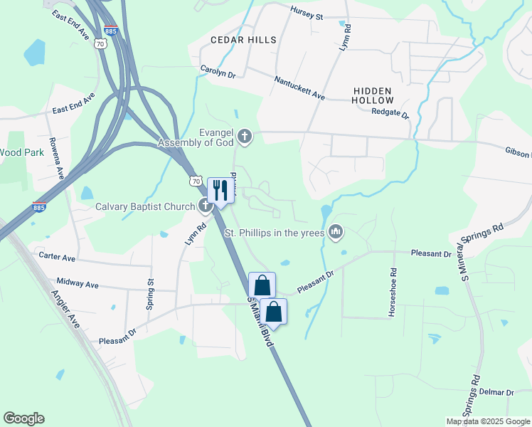 map of restaurants, bars, coffee shops, grocery stores, and more near 5 Spring Wood Park Drive in Durham