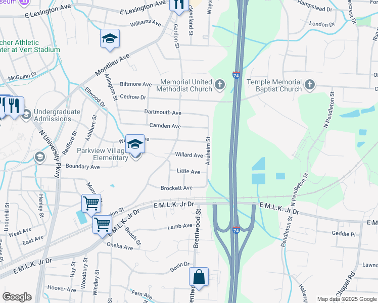 map of restaurants, bars, coffee shops, grocery stores, and more near 1513 Willard Ave in High Point
