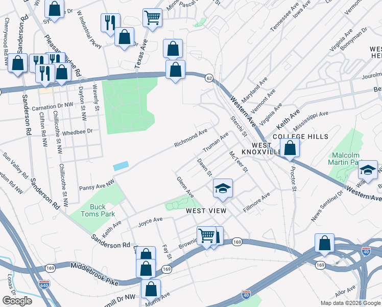 map of restaurants, bars, coffee shops, grocery stores, and more near 2601 Truman Avenue in Knoxville