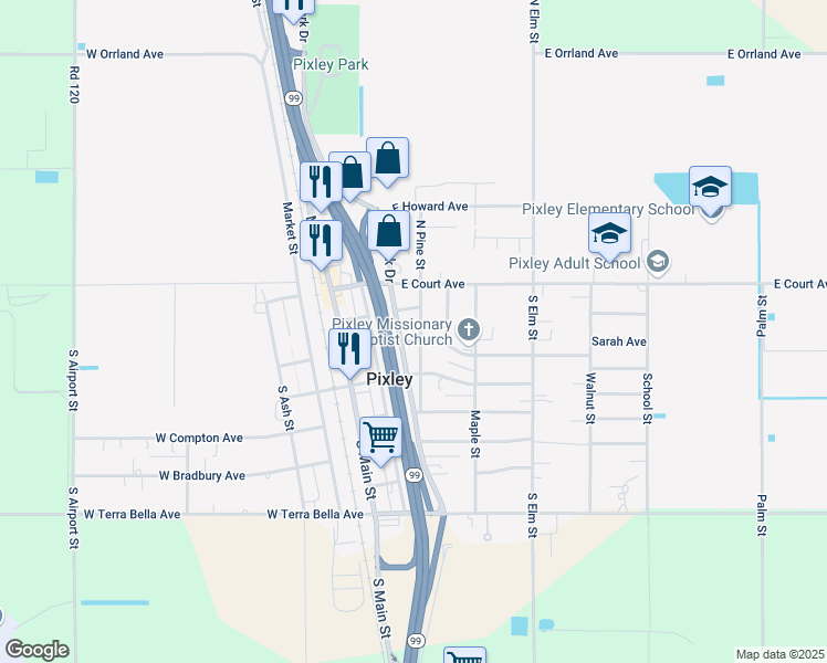 map of restaurants, bars, coffee shops, grocery stores, and more near 500 East Ellsworth Avenue in Pixley