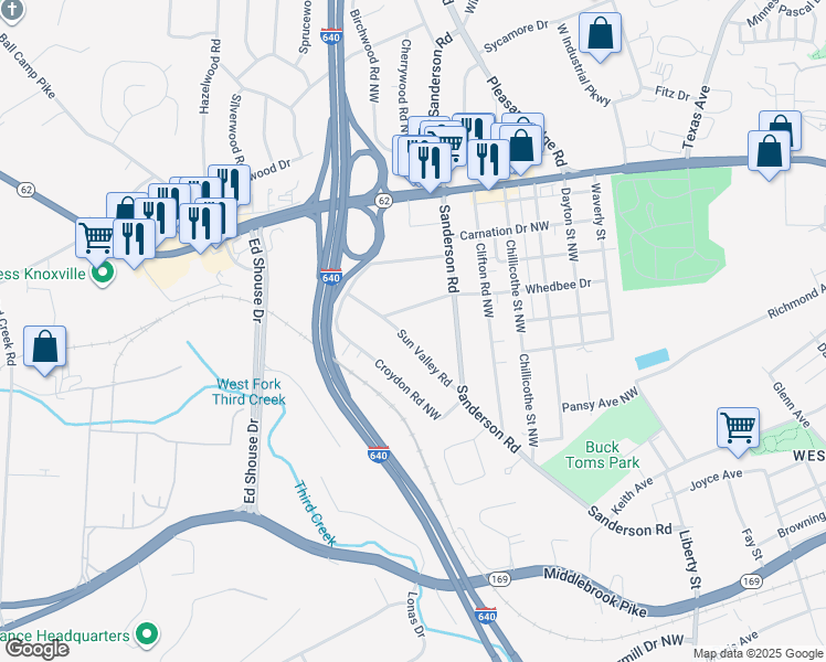 map of restaurants, bars, coffee shops, grocery stores, and more near 2501 Sun Valley Road in Knoxville