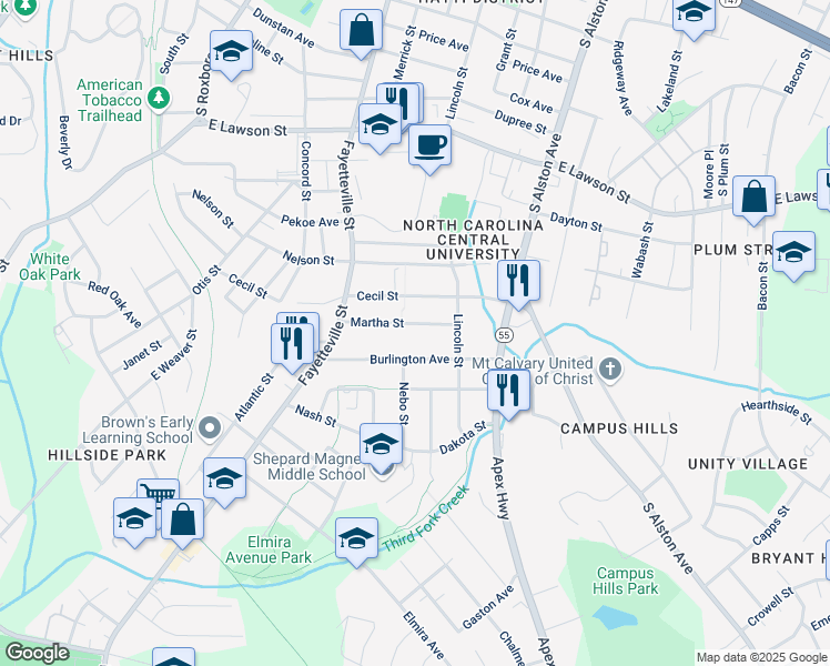 map of restaurants, bars, coffee shops, grocery stores, and more near 534 Martha Street in Durham
