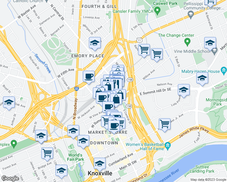 map of restaurants, bars, coffee shops, grocery stores, and more near 112 West Jackson Avenue in Knoxville