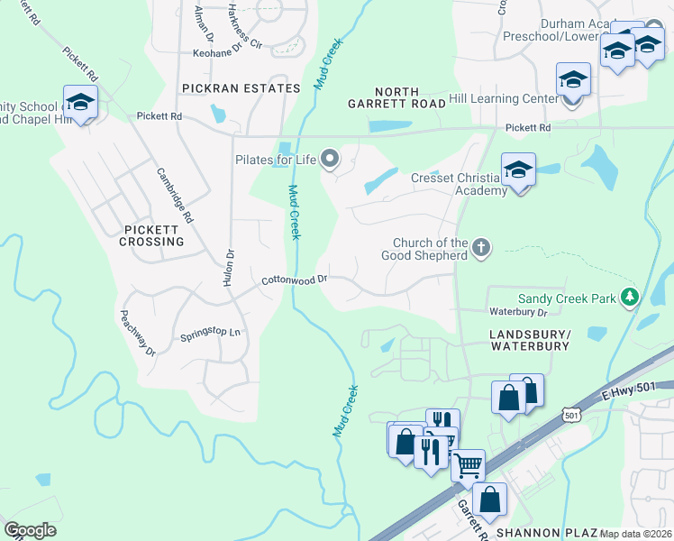 map of restaurants, bars, coffee shops, grocery stores, and more near 3616 Cottonwood Drive in Durham