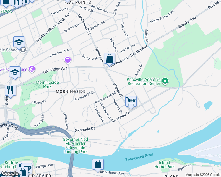 map of restaurants, bars, coffee shops, grocery stores, and more near 1514 Iroquois St in Knoxville