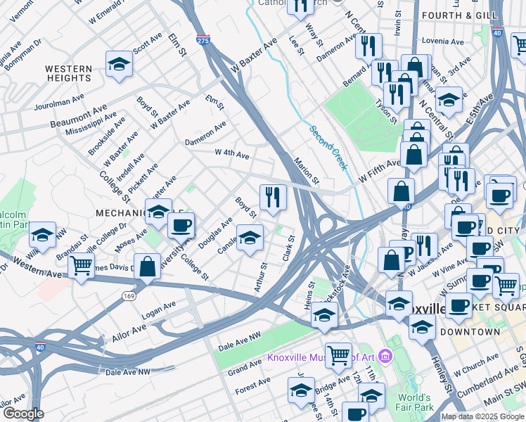 map of restaurants, bars, coffee shops, grocery stores, and more near 512 Cansler Avenue in Knoxville