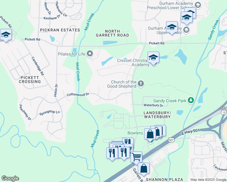 map of restaurants, bars, coffee shops, grocery stores, and more near 14 Porchlight Court in Durham
