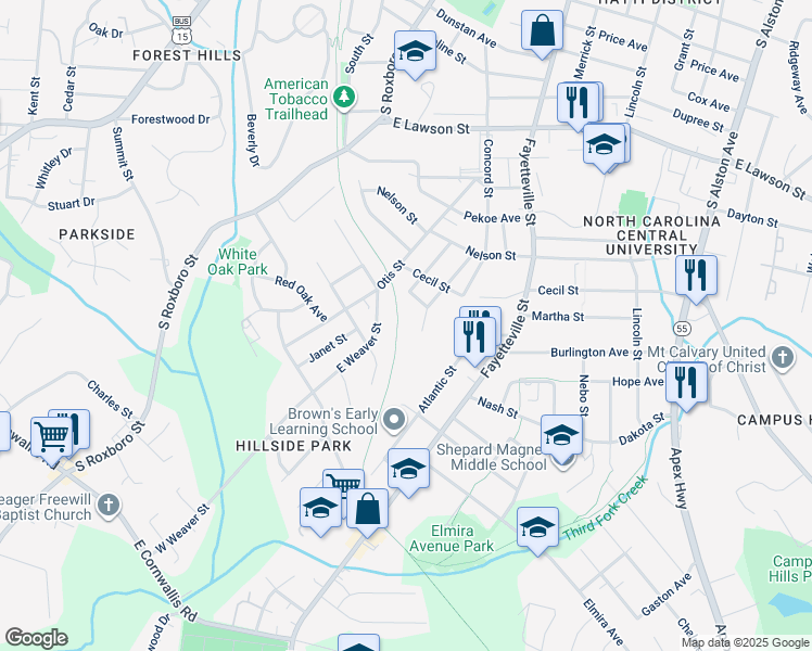 map of restaurants, bars, coffee shops, grocery stores, and more near 2300 Fitzgerald Avenue in Durham