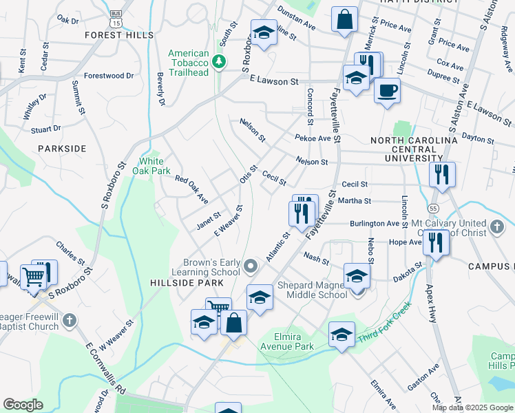 map of restaurants, bars, coffee shops, grocery stores, and more near 2300 Fitzgerald Avenue in Durham