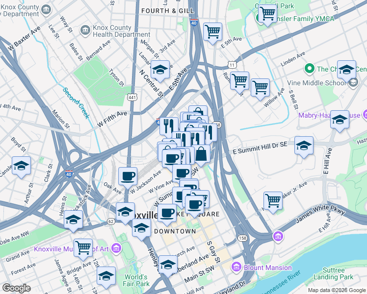 map of restaurants, bars, coffee shops, grocery stores, and more near 118 West Jackson Avenue in Knoxville