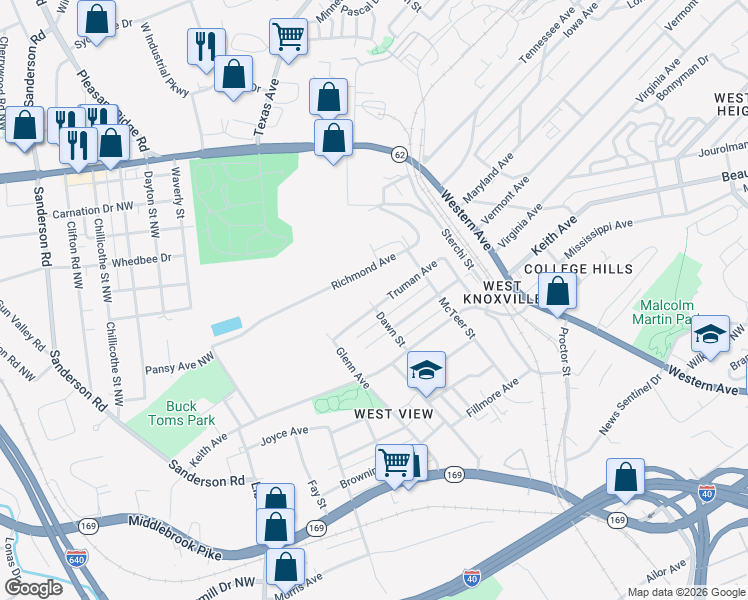 map of restaurants, bars, coffee shops, grocery stores, and more near 2601 Truman Avenue in Knoxville