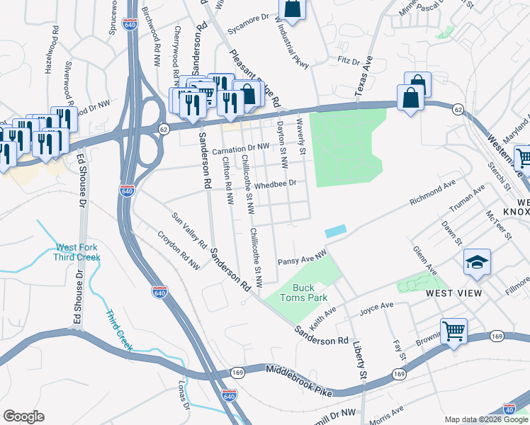 map of restaurants, bars, coffee shops, grocery stores, and more near 2415 Piedmont Street Northwest in Knoxville