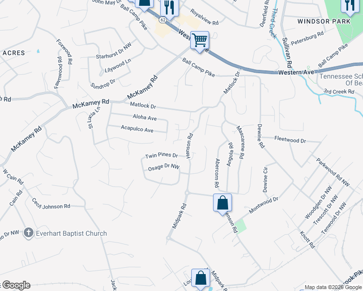 map of restaurants, bars, coffee shops, grocery stores, and more near 4407 Leonie Lane Northwest in Knoxville