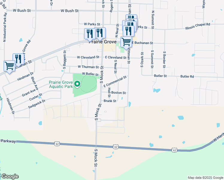 map of restaurants, bars, coffee shops, grocery stores, and more near 510 South Neal Street in Prairie Grove