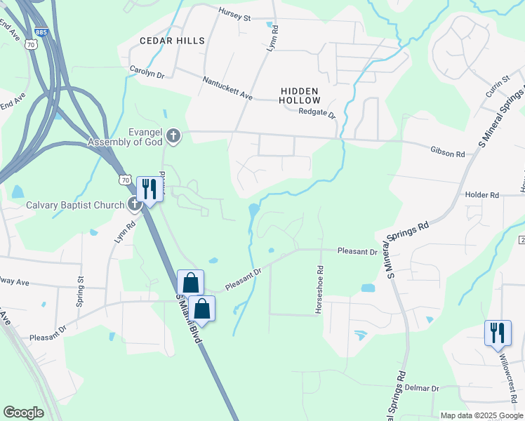 map of restaurants, bars, coffee shops, grocery stores, and more near 1202 Kendall Drive in Durham