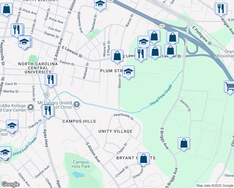 map of restaurants, bars, coffee shops, grocery stores, and more near 1026 Bacon Street in Durham