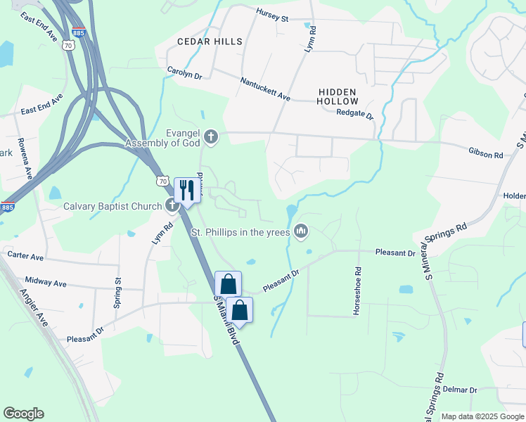 map of restaurants, bars, coffee shops, grocery stores, and more near 3320 Ivey Wood Lane in Durham