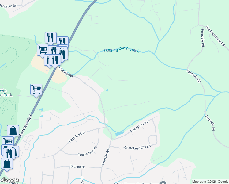 map of restaurants, bars, coffee shops, grocery stores, and more near 7309 Chester Road in Fairview