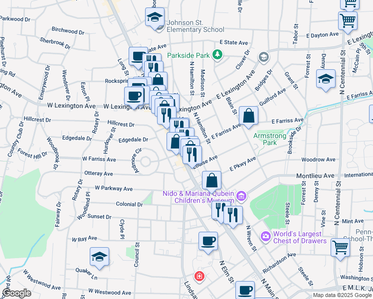 map of restaurants, bars, coffee shops, grocery stores, and more near East Farris Avenue in High Point