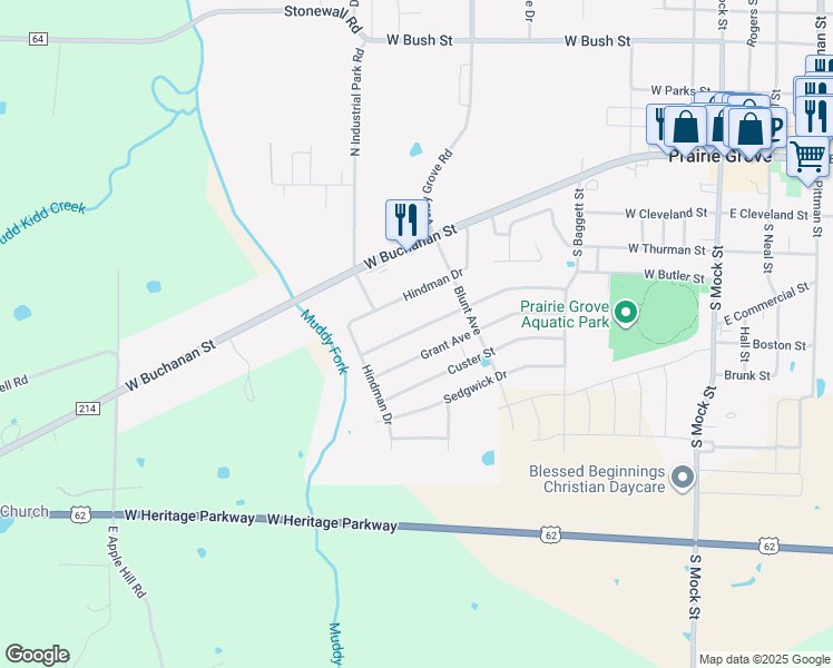 map of restaurants, bars, coffee shops, grocery stores, and more near 813 Herron Street in Prairie Grove