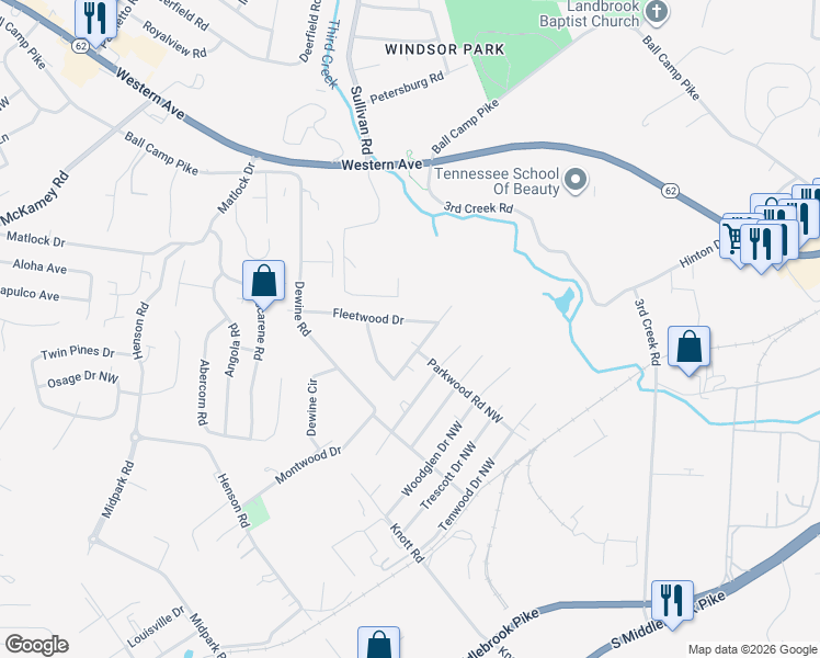 map of restaurants, bars, coffee shops, grocery stores, and more near 4908 Fleetwood Drive in Knoxville