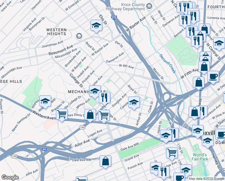 map of restaurants, bars, coffee shops, grocery stores, and more near 1617 Dora Street in Knoxville