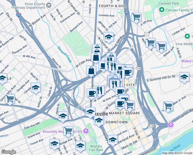 map of restaurants, bars, coffee shops, grocery stores, and more near 410 State Highway 9 in Knoxville