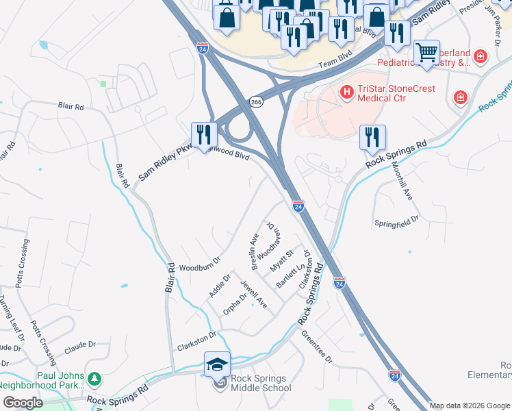 map of restaurants, bars, coffee shops, grocery stores, and more near 617 Woodburn Drive in Smyrna