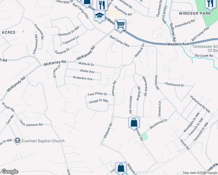 map of restaurants, bars, coffee shops, grocery stores, and more near 4407 Leonie Lane Northwest in Knoxville