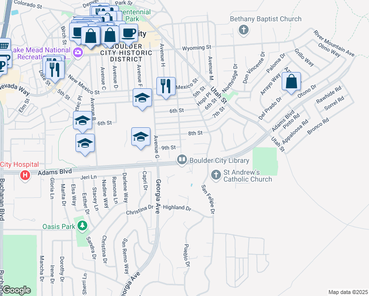 map of restaurants, bars, coffee shops, grocery stores, and more near in Boulder City